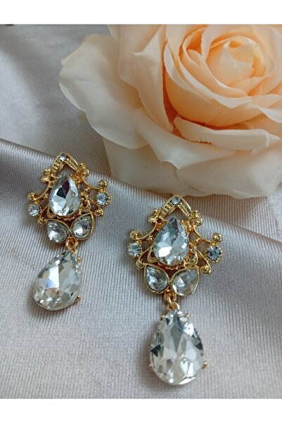 Pervin Ablacım Gold White Stone Evening Dress Very Showy Dangling Earrings