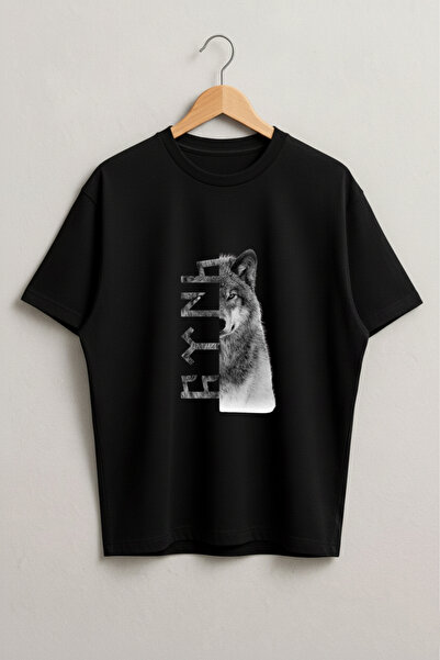 LORVEX تي شيرت تركي سايدج وبوسكورت مطبوع قصة فضفاضة للجنسين من القطن باللون الأسود - تي شيرت