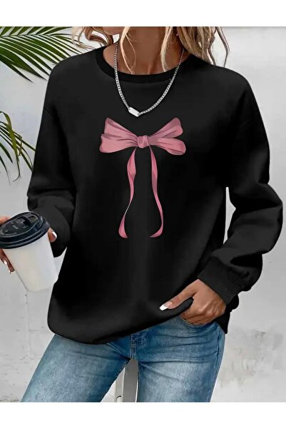 FUFLUNS Ribbon Printed Oversize Unisex Women/Men Crop Neck Sweatshirt