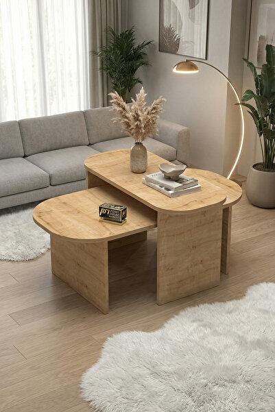 PDMPOİNT DOLAP MARKET Roma 2li Orta Sehpa Salon Sehpası Dekoratif - Safir Meşe