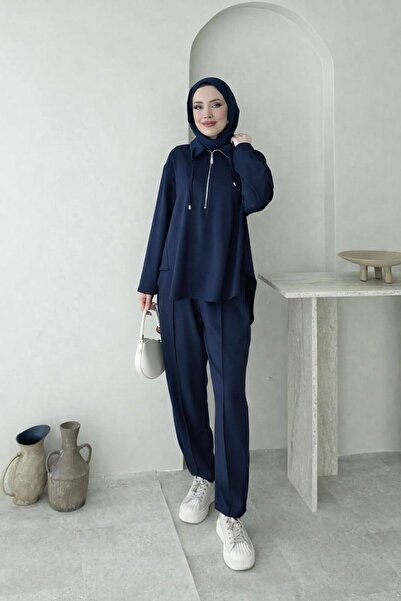 RFK Butik Women's Zipper Detailed Oy.Sho Fabric Double Suit - Navy Blue