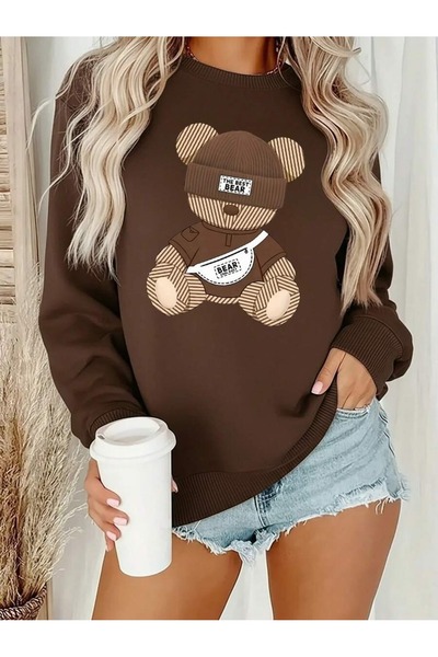 WESTİMO سويت شيرت نسائي بني اللون Best Bear مطبوع قصة فضفاضة برقبة دائرية
