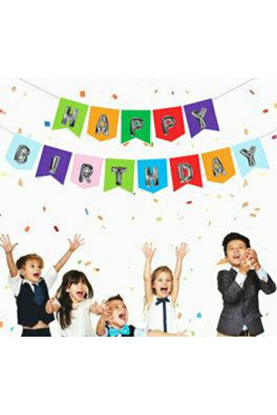 RENKLİ KAĞIT ÜZERİNE GÜMÜŞ RENK HAPPY BİRTHDAY BANNER