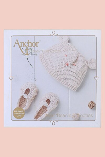 Anchor Baby Pure Cotton Baby Beanie and Booties Crochet Kit, Cream Color
