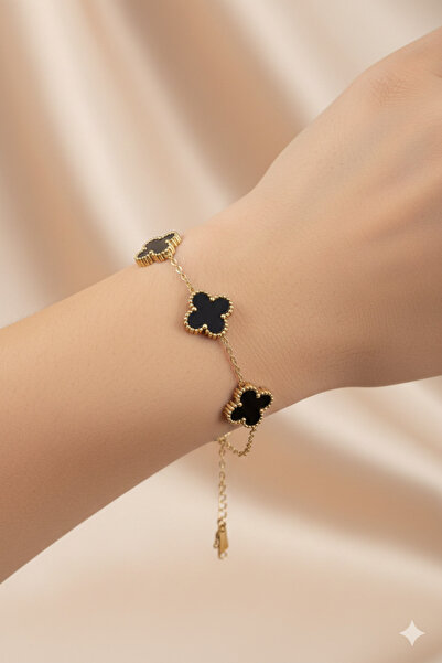 Clariss Yonca Figürlü Çelik Bileklik Siyah Beyaz Zirkon Taşlı Farklı Boy Seçe...