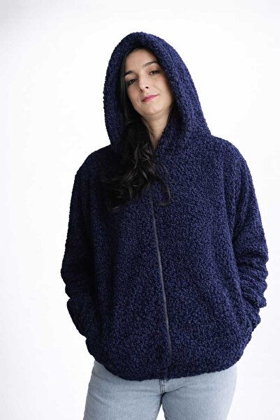 Roosbutik Lacivert Buklet Kumaş Kapüşonlu Mont