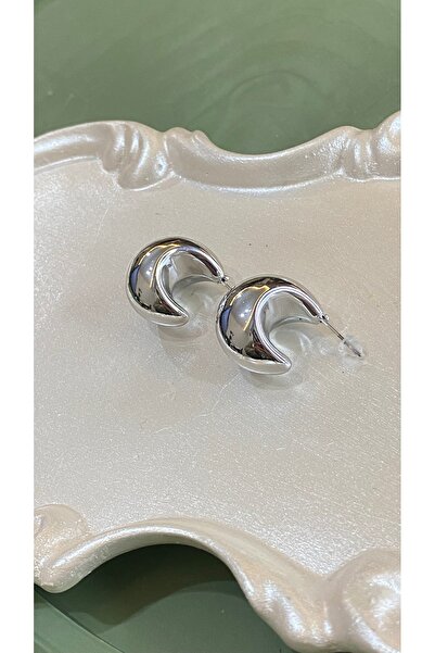 SELUVİA Women's Hoop Earrings Silver Color |   Trend Half Moon Convex Thick S...