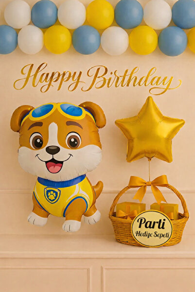 parti hediye sepeti Köpek Temalı Gold Happy Birthday Balon Seti | | Çocuk Doğ...