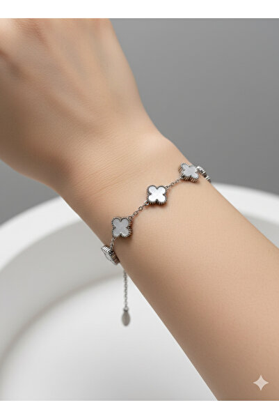 Clariss Clover Figured Steel Bracelet with Black and White Zircon Stones, Des...