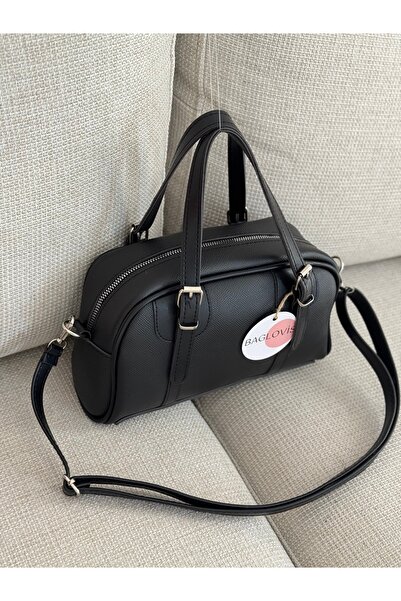 BAGLOVİS Small Black Hand and Crossbody Women's Bag with Straps and Buckle Detail En26 Boy16