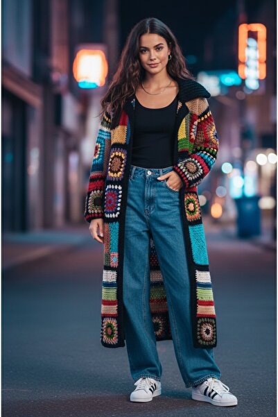 Didora Retro Stil Renkli El Örgüsü Motifli Hırka - Patchwork Desenli
