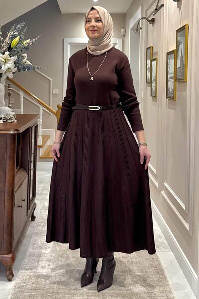 Rabia Şamlı Irem Belted Steel Knitted Sweater Dress Bitter Brown