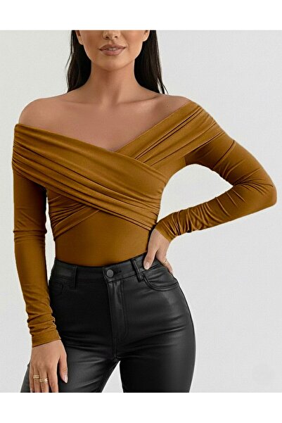 OLSAMODA Women's Cross-Necklace Drape Detail Flexible Fabric Design Blouse