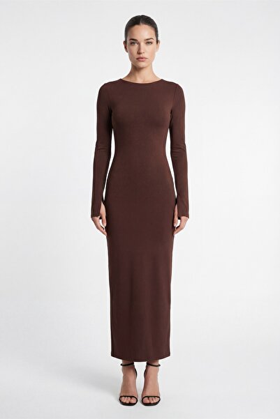 Lafaba Women's Brown Back Detailed Maxi Stylish Evening Dress