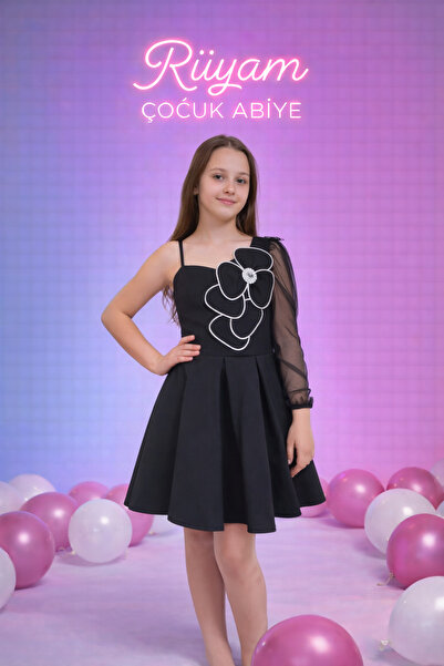 Rüyam Çocuk Giyim Kız Çocuk Siyah Abiye Elbise – Tek Kol Detaylı