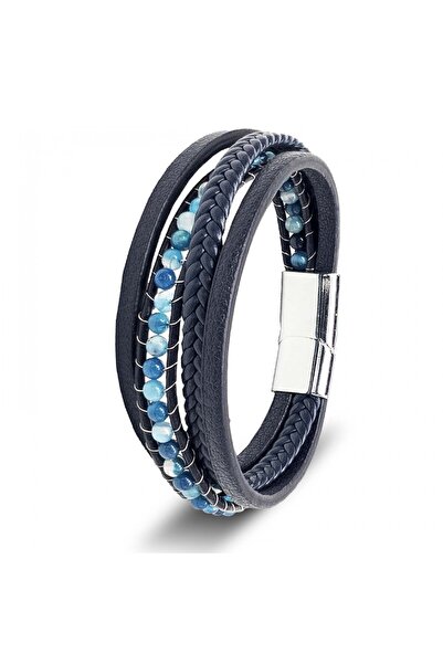 FM Blue Agate Natural Stone and Blue Multi Leather Bracelet 31832B9D27
