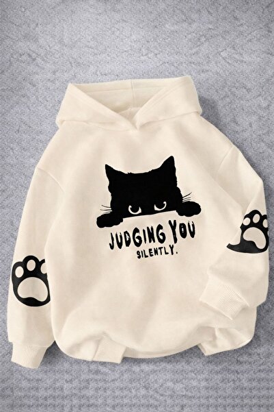 Kids Çocuk Bej Kedi Baskılı Kapüşonlu Sweatshirt