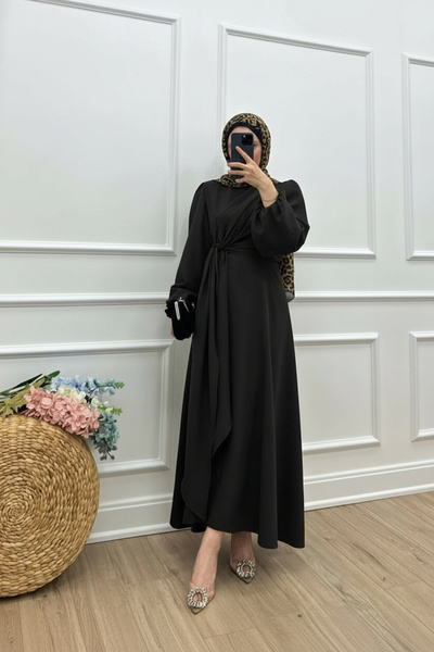 Molly Nelly Kadın Önü Şal Detaylı Krep Tesettür Elbise