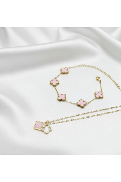 staınless steel Kadın Paslanmaz Çelik 4 Yapraklı Yonca Kolye ve Bileklik Set,...