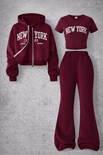 Kids Çocuk New York Baskılı Bordo 3'Lü Alt Üst Takım