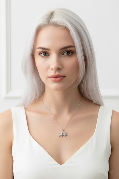 özgül takı ve tasarım Starfish Model Pearl Detailed Stainless Steel Silver Color Women's Necklace