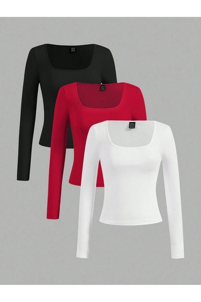 PALPİTO بودي نسائي من القطن الممشط بأكمام طويلة وياقة منخفضة بثلاثة ألوان