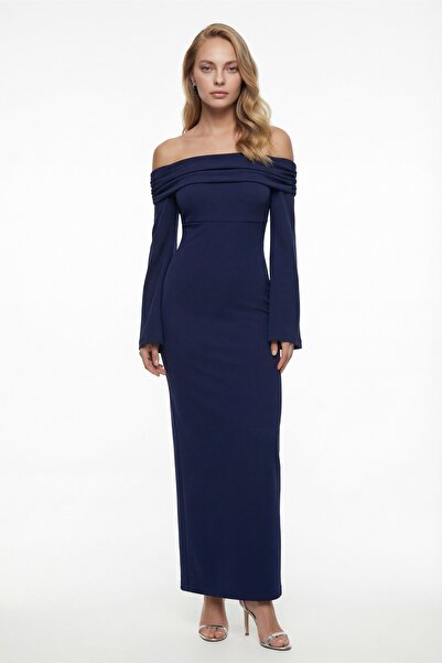 Lafaba Women's Navy Blue Carmen Collar Stylish Evening Dress