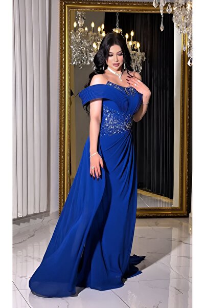 NHMODA Straplez Taş İşlemeli Şifon Kumaş Pelerinli Abiye