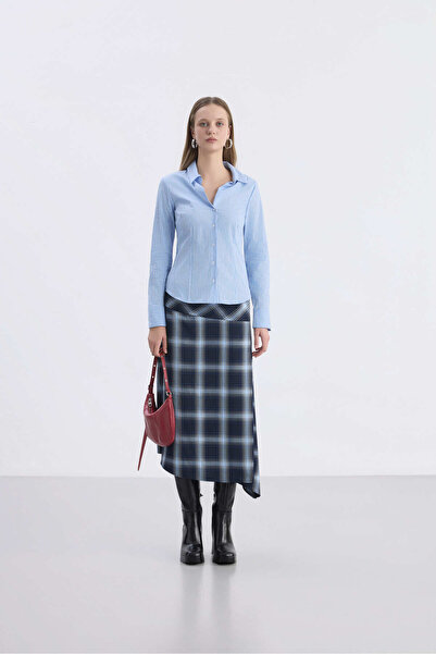 Babushka Blue Large Plaid Slit Midi Skirt