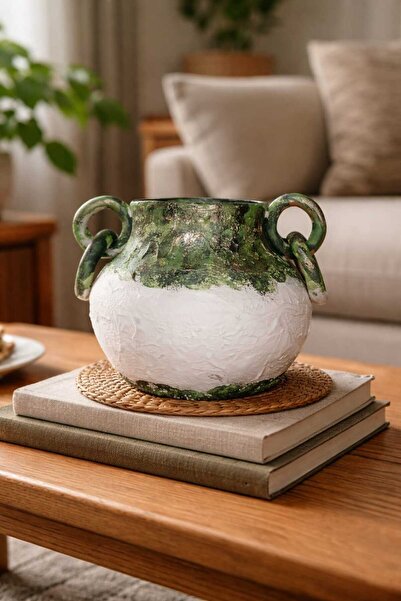 Atiz Çömlek evi Handmade Textured Decorative Terracotta Vase with Ring Handle Cobalt I