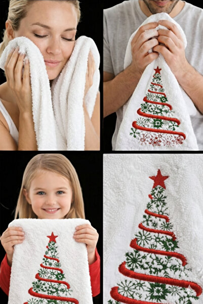 Depozee Yılbaşı Ağacı Nakışlı El Havlusu – Pamuklu Dekoratif ve Şık Tasarım E...