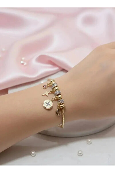 Dorvina 316L Kararmaz Çelik Ayarlanabilir Zirkon Taşlı Gold Renk Ay ve Yıldız...
