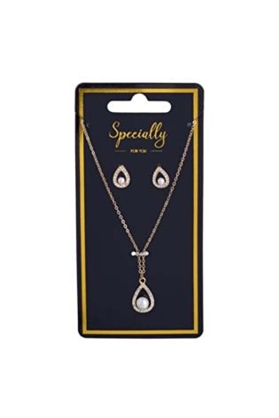 OEM Set colier și cercei aurii cu mărgele albe și strasuri argintii - 2 buc