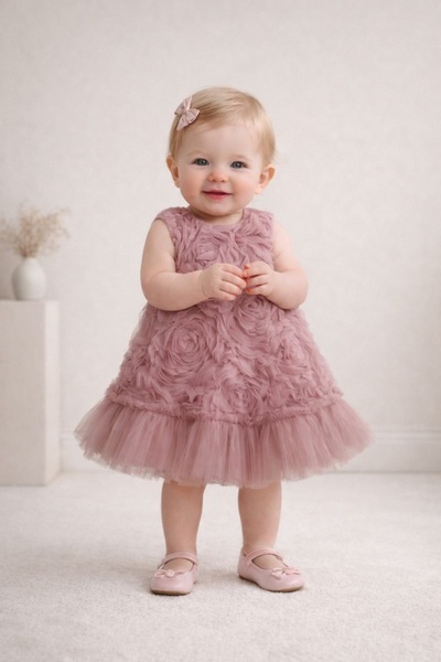 SweetMe Kız bebek elbise abiye 9-24 ay 3 boyutlu çiçeklli etek ucu tüllü part...