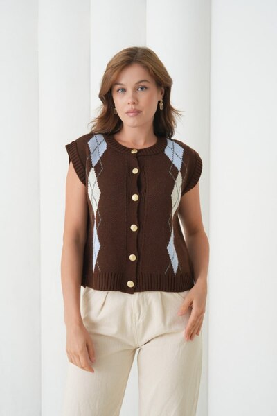 mysimy Gold Button Detail Baklava Patterned Cardigan