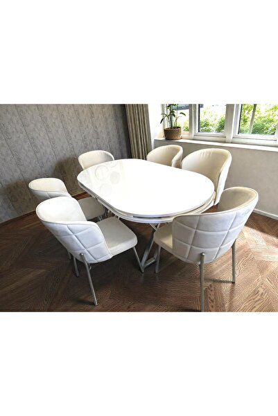 MSY HOME 6 Kişilik Serya Beyaz Oval Masa Krom Ayak Yönsüz Kumaş Modern Ve Şık...
