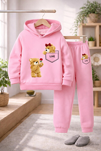 Kids Love Ayıcık Baskılı Pembe Çocuk Alt-Üst Takım