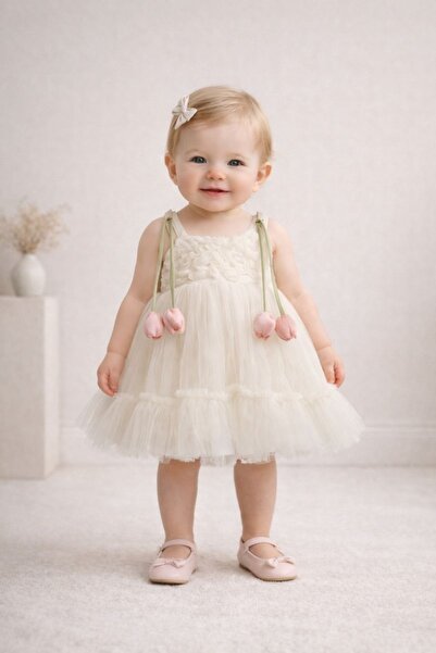 SweetMe Baby Girl Dress Evening Dress with 3D Flower Detail on Shoulders Tull...
