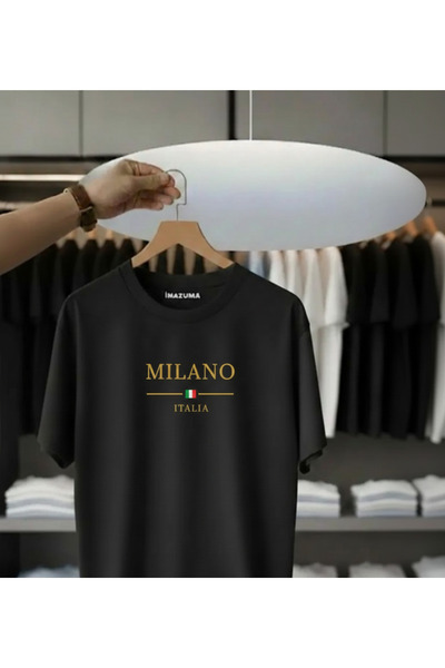 İnazuma Outdoors Unisex Oversized Printed Cotton Crew Neck Short Sleeve Black T-Shirt Milano Gold Plain