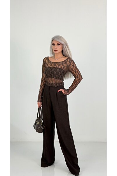 Elvan Güven Kahve Dantel Transparan Bluz - Kahve, Siyah