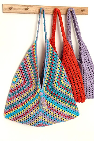 Zümrüt Toystore Large Mesh Bag, Colorful Bag, Knitted Bag, Colorful Tassel Bag, Macrame Bag