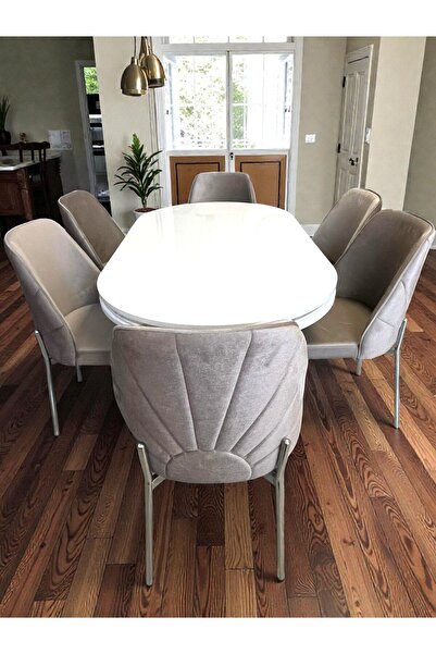 MSY HOME 6 Kişilik Nova White Krom Beyaz Masa Yönsüz Kumaş Modern Ve Şık Yeme...
