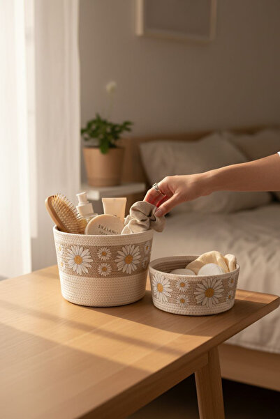 colezza Handmade Knitted Daisy Patterned Decorative Basket Set of 2 (Set of 2...