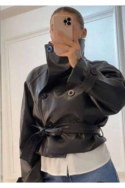 Azra Moda Style New Season Stand-Up Collar Buttoned Tie-Up Leather Trench Coa...