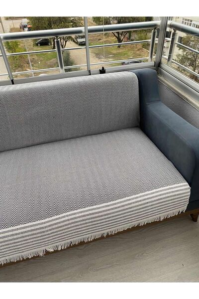 EJMEL Cotton Herringbone Patterned Tasseled Sofa Cover / Multi-Purpose Sofa Shawl Buldan