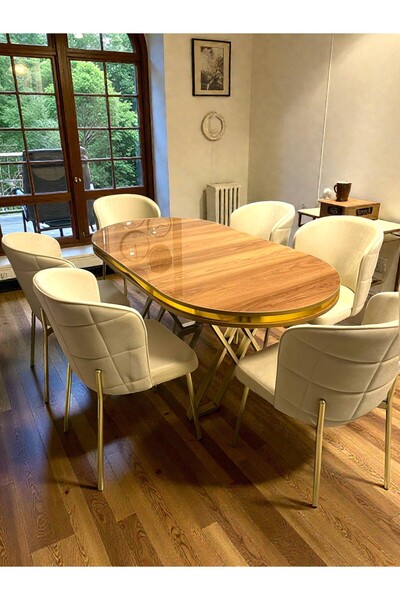 MSY HOME 6 Kişilik Serya Ceviz Oval Masa Krom Ayak Yönsüz Kumaş Modern Ve Şık...