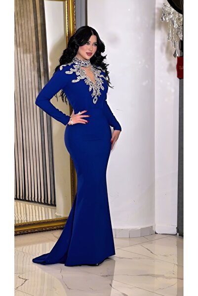 NHMODA Dik Yaka Uzun Kollu Taş İşlemeli Balık Kesim Elbise