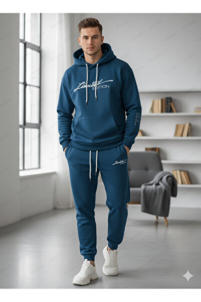 ALİ.COM Men's Hooded Winter'Limited' Printed Three Yarn-In-Cotton Tracksuit Set-Top and Bottom Set