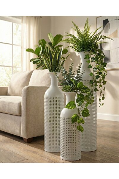 Noor High-quality vase set, white iron with beautiful decoration, 15*50, 17*65, 20*85