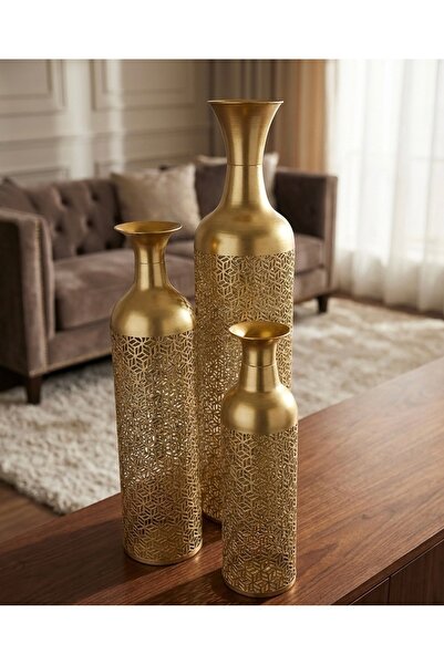 Noor High-quality vase set, gold-colored iron with beautiful decoration, 15*50, 17*65, 20*85